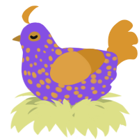 A blurple and orange chicken with a speckle pattern