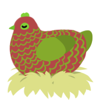 A red and chartreuse chicken with a lace pattern
