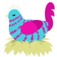A aqua and fuchsia chicken with a bar pattern