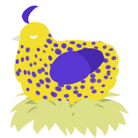 A yellow and indigo chicken with a speckle pattern
