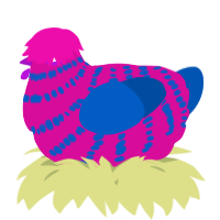 A fuchsia and ultramarine chicken with a bar pattern