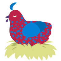 BombPop, a crimson and sapphire chicken with a speckle pattern