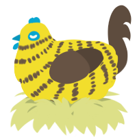 A yellow and bark chicken with a bar pattern