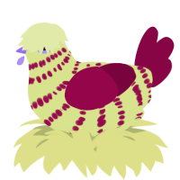 A lemon and maroon chicken with a bar pattern