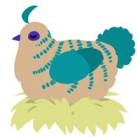 A beige and teal chicken with a half-bar pattern
