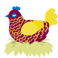 beempy, a maroon and yellow chicken with a lace pattern