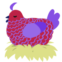 A crimson and blurple chicken with a lace pattern