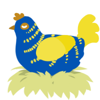A ultramarine and yellow chicken with a half-bar pattern