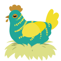 A turquoise and yellow chicken with a half-bar pattern