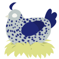 A silver and navy chicken with a speckle pattern