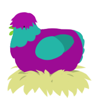 A plum and turquoise chicken with a head pattern