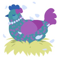 A turquoise and fuchsia chicken with a speckle pattern