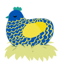 A ultramarine and yellow chicken with a lace pattern