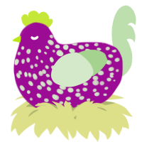 A plum and gluppy chicken with a speckle pattern