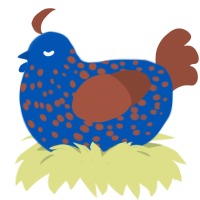 Baldomero, a ultramarine and russet chicken with a speckle pattern