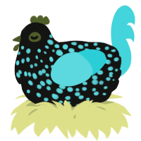 A black and aqua chicken with a speckle pattern