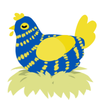 A ultramarine and yellow chicken with a bar pattern