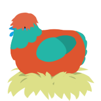 A vermilion and turquoise chicken with a head pattern