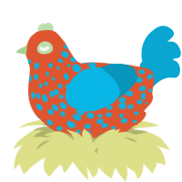 A vermilion and cerulean chicken with a speckle pattern