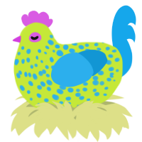 A lime and sky chicken with a speckle pattern