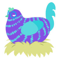 A blurple and aqua chicken with a bar pattern