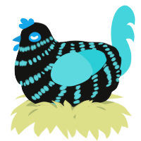 A black and aqua chicken with a bar pattern