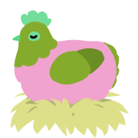 A pink and chartreuse chicken with a head pattern