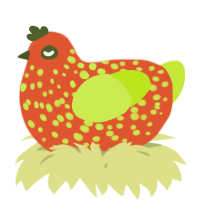 A vermilion and lime chicken with a speckle pattern