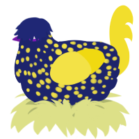 A navy and yellow chicken with a speckle pattern