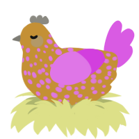 Coco, a gold and orchid chicken with a speckle pattern