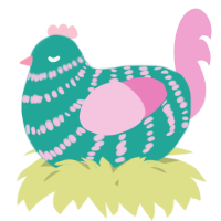 A turquoise and pink chicken with a bar pattern