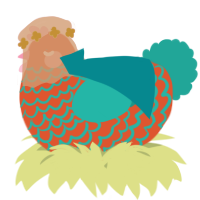 A vermilion and turquoise chicken with a lace pattern