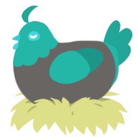 A grey and turquoise chicken with a head pattern