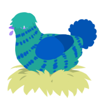A turquoise and ultramarine chicken with a bar pattern