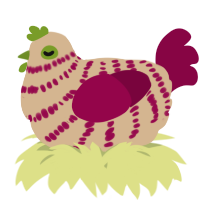 A beige and maroon chicken with a bar pattern