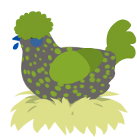 A grey and chartreuse chicken with a speckle pattern