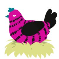 A fuchsia and black chicken with a bar pattern