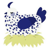 A white and navy chicken with a speckle pattern
