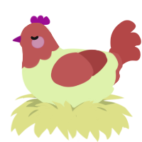 A apple and red chicken with a head pattern