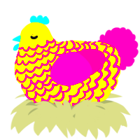 A yellow and fuchsia chicken with a lace pattern
