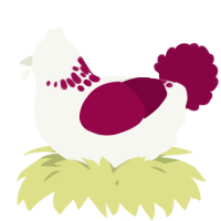 A white and maroon chicken with a neck-speckle pattern