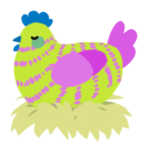 A lime and orchid chicken with a bar pattern
