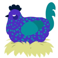 A indigo and teal chicken with a speckle pattern