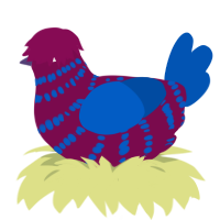 Tomato, a wine and ultramarine chicken with a bar pattern