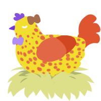 Bow, a yellow and vermilion chicken with a speckle pattern