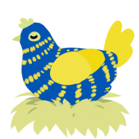 A ultramarine and yellow chicken with a bar pattern