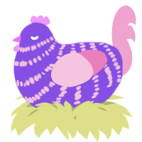 A blurple and pink chicken with a bar pattern