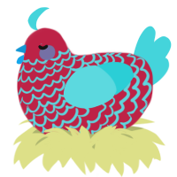 A crimson and aqua chicken with a lace pattern