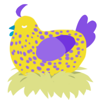 Spot, a yellow and blurple chicken with a speckle pattern