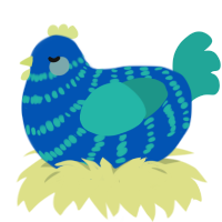 A ultramarine and turquoise chicken with a bar pattern